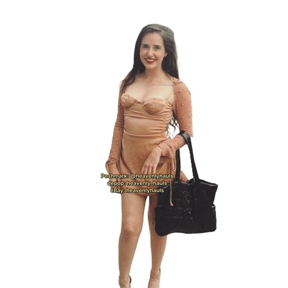 Oh Polly Geneva Nude Mini Dress w/ Embellished Sleeves - Beaded, strappy, flirty - Picture 2 of 9